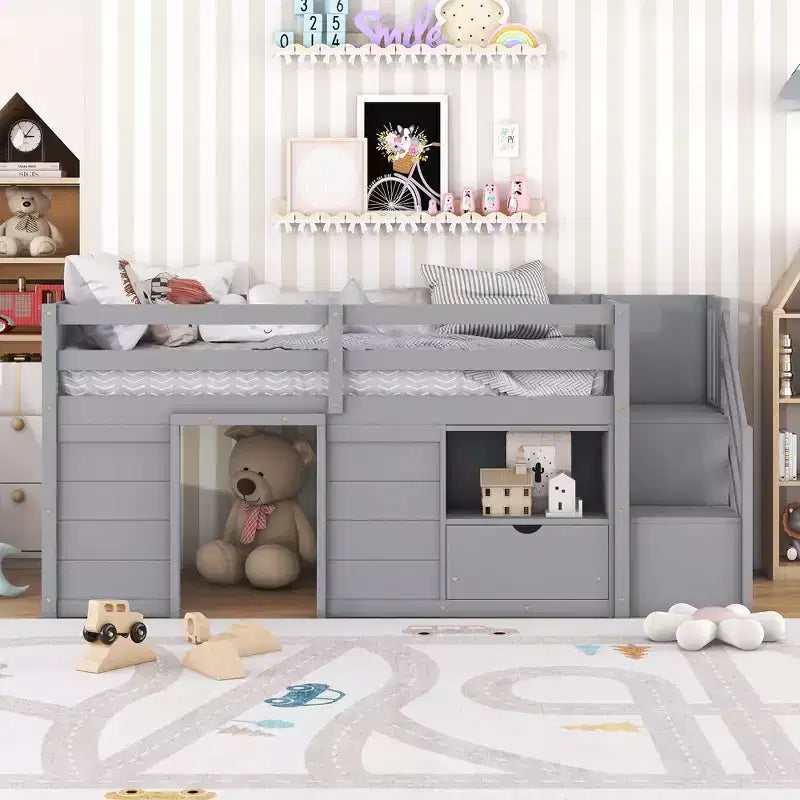 94.6L x 42.3W Solid Wood Twin Size Low Loft Bed With Stair, Drawer And Shelf, Modern & Clean Design