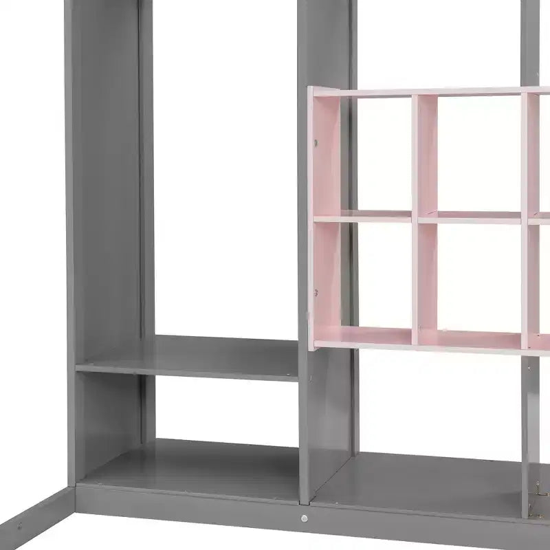 Kids Loft Bed with Wardrobe and Shelves, Wooden Loft Bed Frame with Storage Cabinet for Kids Teens
