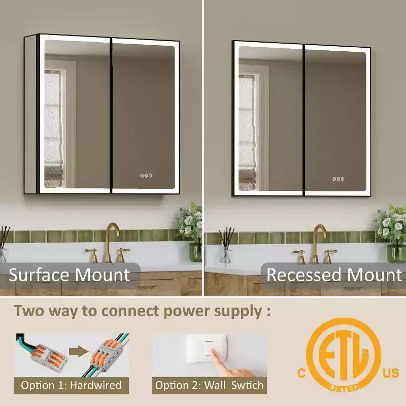 Bathroom Medicine Cabinet with LED Mirror, Surface or Recessed Mount, Dimmable Light, Anti-Fog, Adjustable Shelving