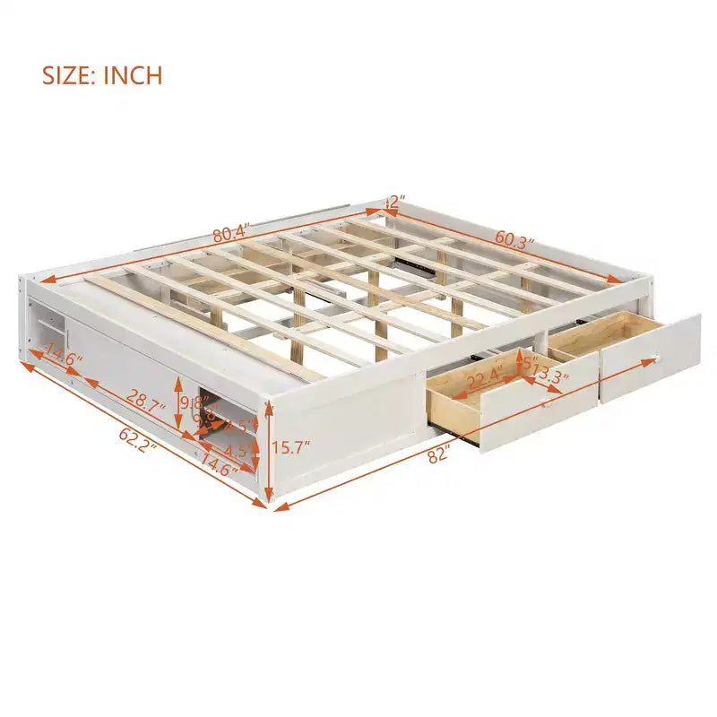 Whisen Queen Platform Bed Frame with 4 Storage Drawers and Footboard Storage