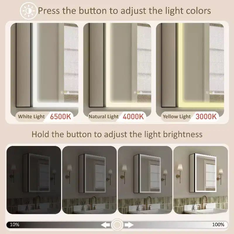 Bathroom Medicine Cabinet with LED Mirror, Surface or Recessed Mount, Dimmable Light, Anti-Fog, Adjustable Shelving
