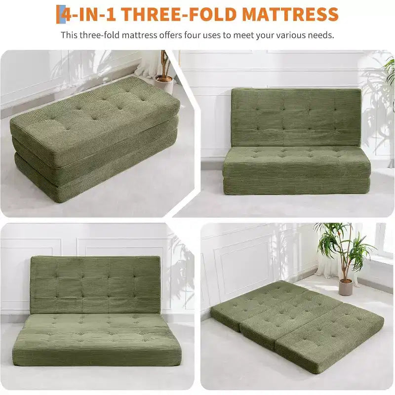 SunnyFurn 6 Inch Tri-Fold Mattress Sofa Bed, 75X54.3 Foam Folding Guest Bed with Tufted Corduroy, Portable for Camping, Living Room, Bedroom