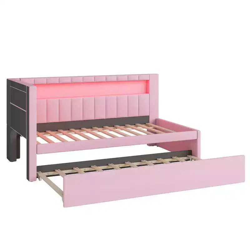 Twin/Full Daybed with Trundle and L-Shaped Bookshelf Headboard, Linen Upholstered Soft Corner Bed with Storage Shelves and LED Belt