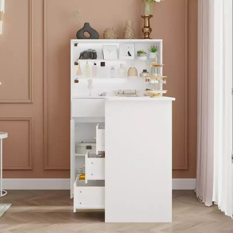 White Nail Table with Built-in Dust Extractor, Tempered Glass Display, Gold Handles Nail Salon Station Makeup Vanity Makeup Table