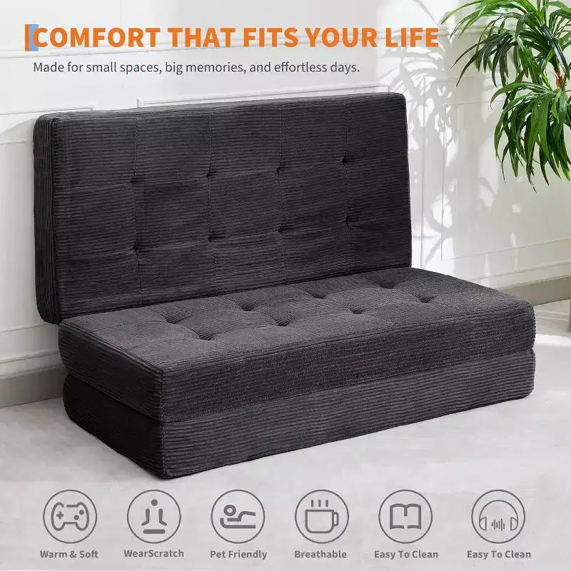 SunnyFurn 6 Inch Tri-Fold Mattress Sofa Bed, 75X54.3 Foam Folding Guest Bed with Tufted Corduroy, Portable for Camping, Living Room, Bedroom