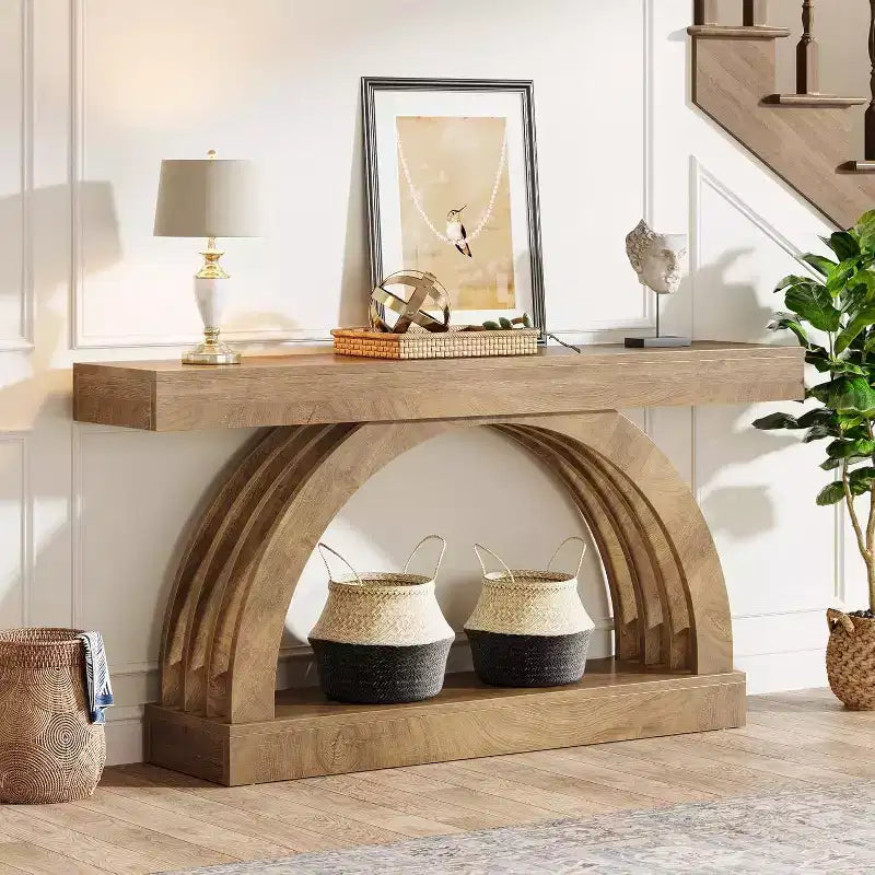 Lantine 63-Inch Entryway Table, 2-Tier Sofa Table Behind The Couch, Farmhouse Narrow Unique Arched Console for Hallway, Living Room, Foyer,Natural