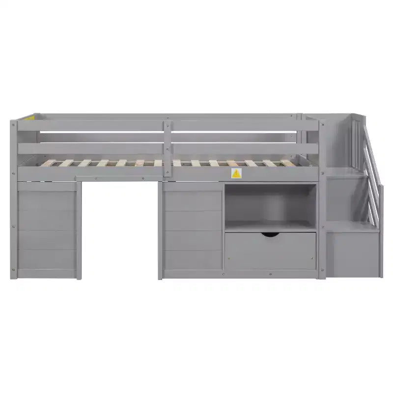 94.6L x 42.3W Solid Wood Twin Size Low Loft Bed With Stair, Drawer And Shelf, Modern & Clean Design