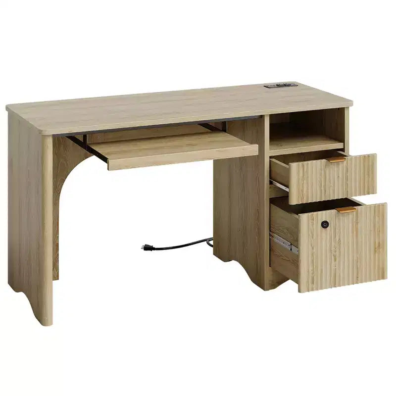 Bestier 55 Smart Computer Desk, Oak Writing Desk with File Drawers and Power Outlet, Executive Office Desk with Open Storage and Keyboard Tray