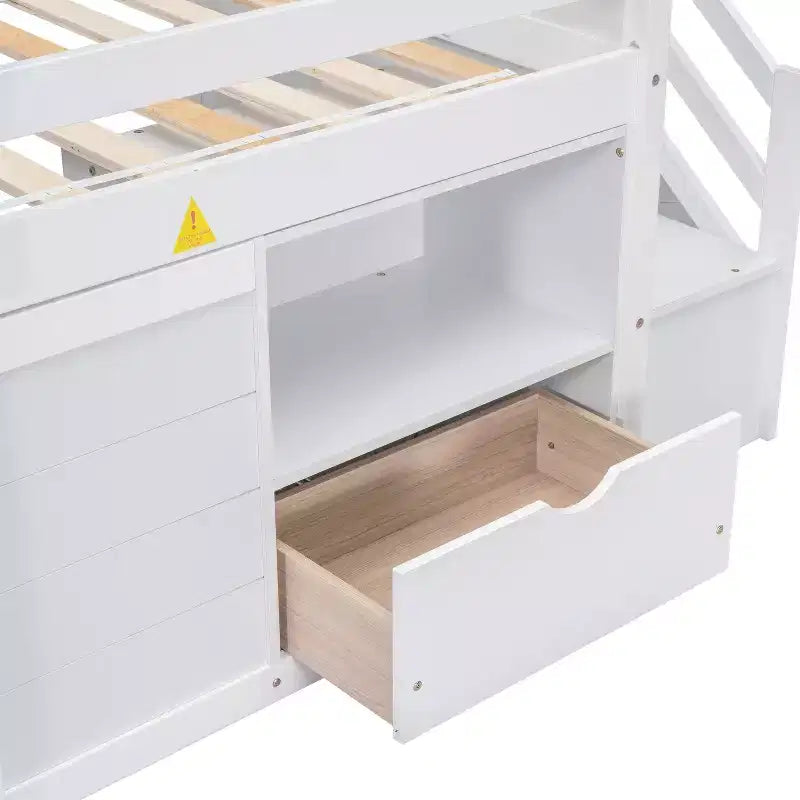 94.6L x 42.3W Solid Wood Twin Size Low Loft Bed With Stair, Drawer And Shelf, Modern & Clean Design