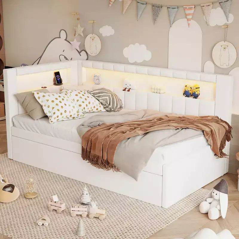Twin/Full Daybed with Trundle and L-Shaped Bookshelf Headboard, Linen Upholstered Soft Corner Bed with Storage Shelves and LED Belt