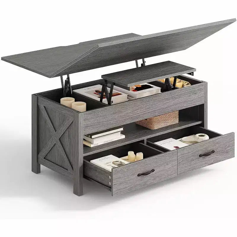 Lift up coffee table with storage space, farmhouse style coffee table, coffee table with two drawers, living room and home office coffee table