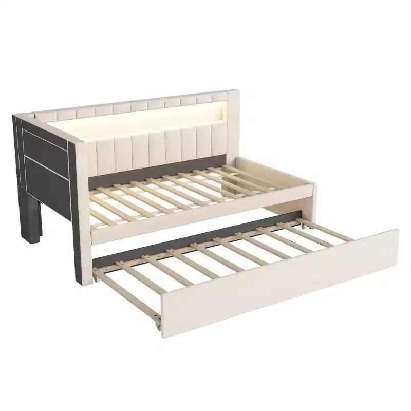 Twin/Full Daybed with Trundle and L-Shaped Bookshelf Headboard, Linen Upholstered Soft Corner Bed with Storage Shelves and LED Belt