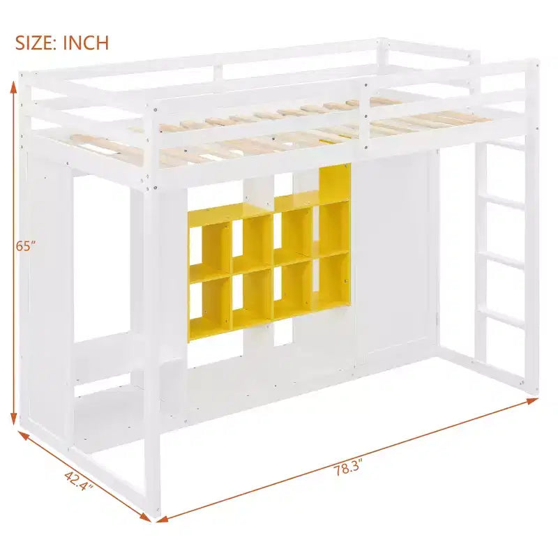 Kids Loft Bed with Wardrobe and Shelves, Wooden Loft Bed Frame with Storage Cabinet for Kids Teens