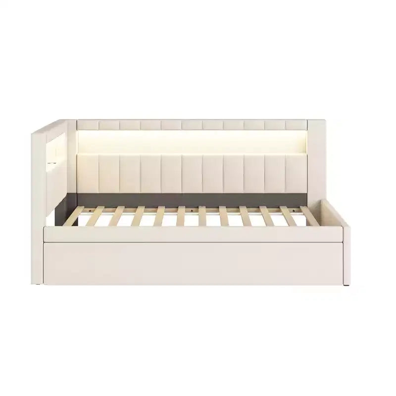 Twin/Full Daybed with Trundle and L-Shaped Bookshelf Headboard, Linen Upholstered Soft Corner Bed with Storage Shelves and LED Belt