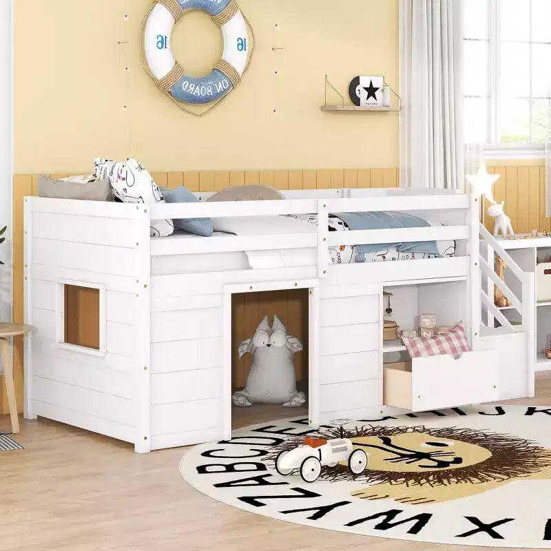 94.6L x 42.3W Solid Wood Twin Size Low Loft Bed With Stair, Drawer And Shelf, Modern & Clean Design