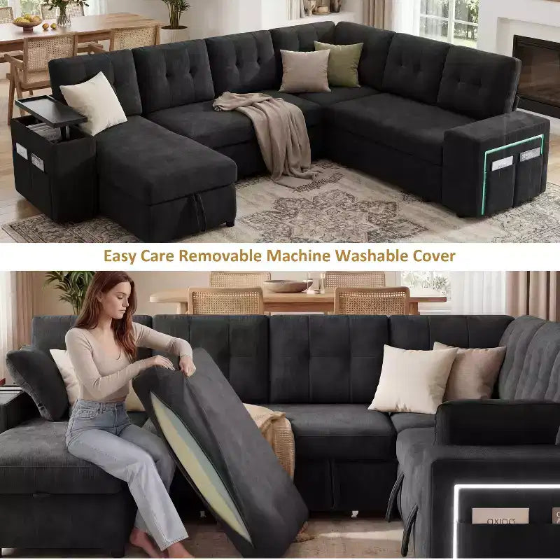Dyonery 112 Modular Sectional Sleeper Sofa with Pull Out Bed,U-Shaped Sectional Couch with Storage,Extra Wide & Deep Seat Couches for Living Room