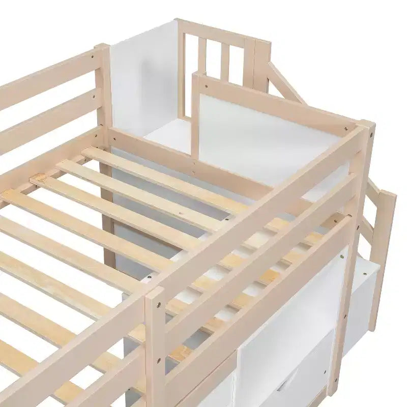 94.6L x 42.3W Solid Wood Twin Size Low Loft Bed With Stair, Drawer And Shelf, Modern & Clean Design