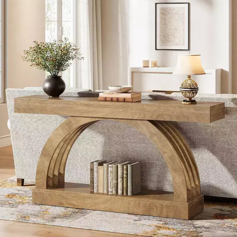 Lantine 63-Inch Entryway Table, 2-Tier Sofa Table Behind The Couch, Farmhouse Narrow Unique Arched Console for Hallway, Living Room, Foyer,Natural