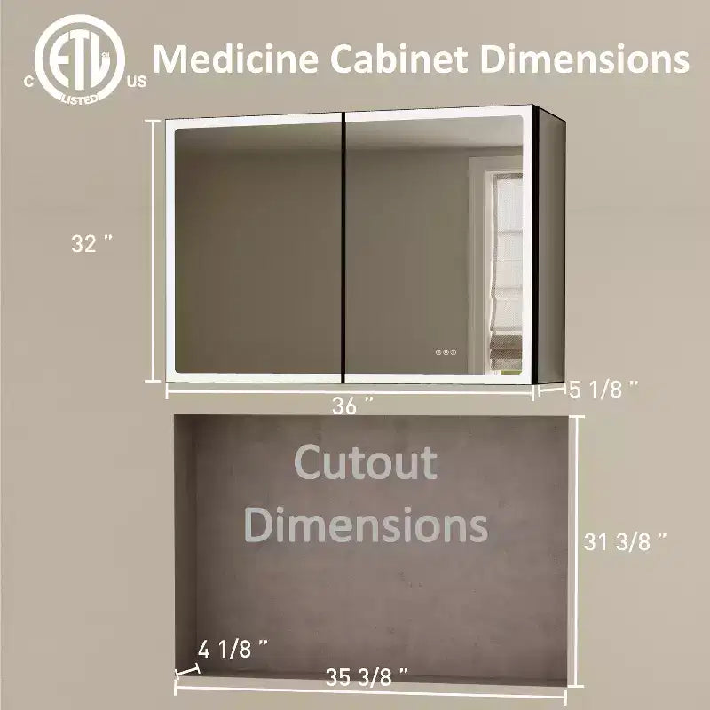 Bathroom Medicine Cabinet with LED Mirror, Surface or Recessed Mount, Dimmable Light, Anti-Fog, Adjustable Shelving