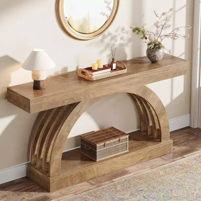 Lantine 63-Inch Entryway Table, 2-Tier Sofa Table Behind The Couch, Farmhouse Narrow Unique Arched Console for Hallway, Living Room, Foyer,Natural