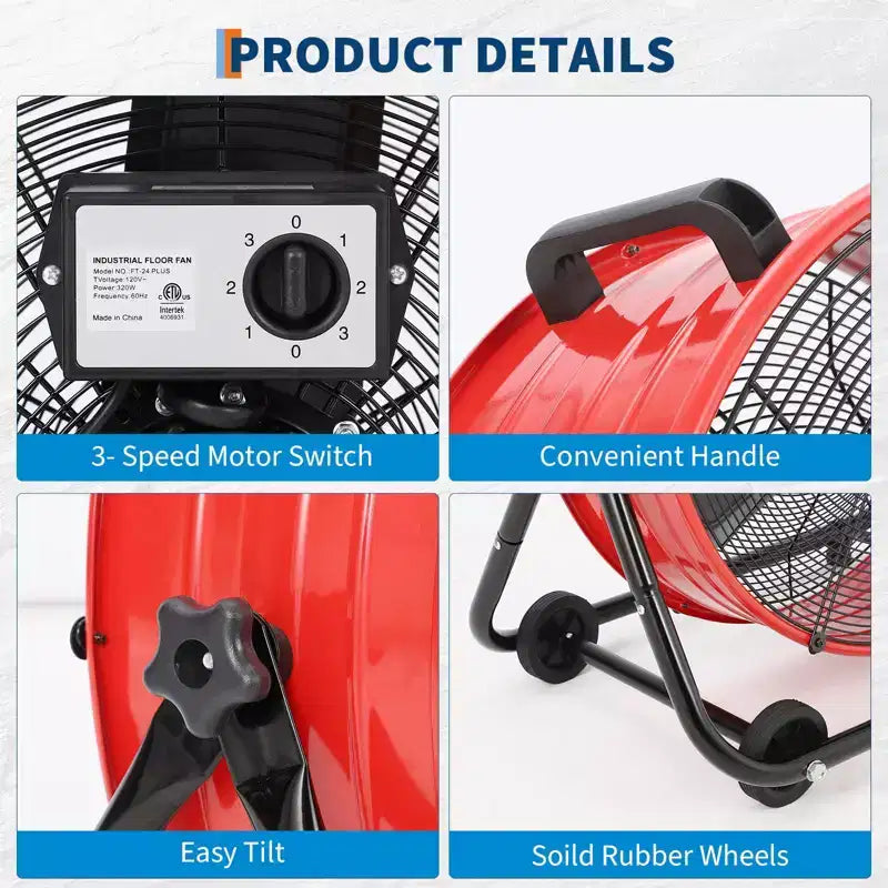 Floor Fan, Industrial Fan - 24 Inch Heavy Duty Drum Fan with 4 Speeds, Metal Air Circulator for Warehouse, Workshop, Garage, Factory, Basement