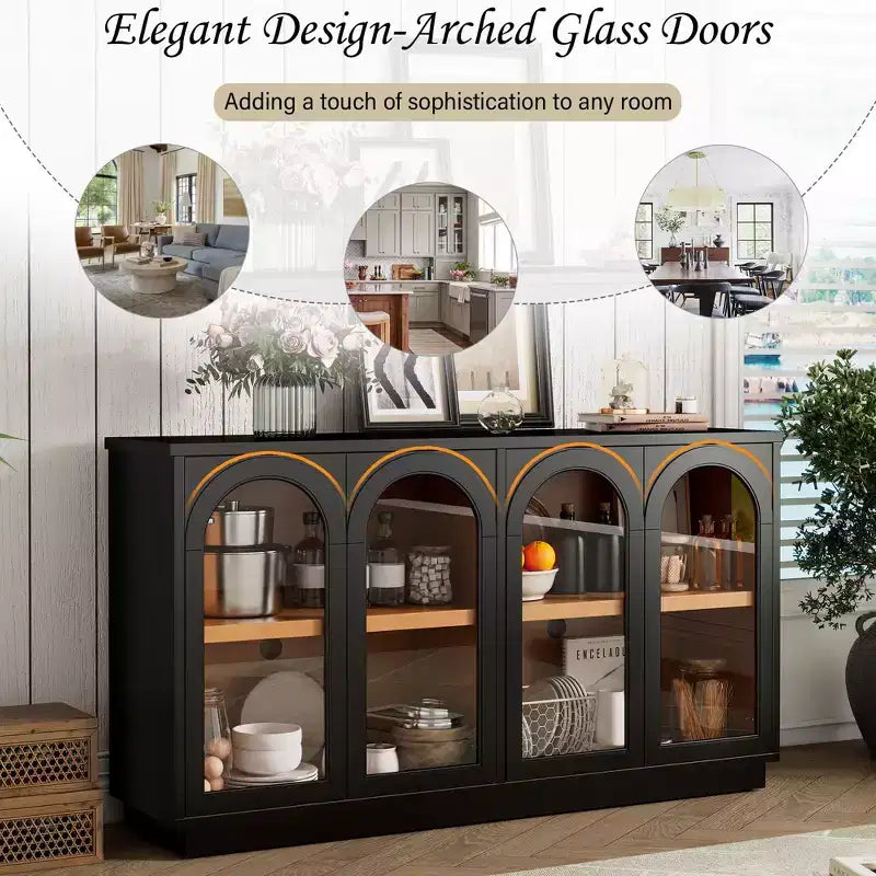 4-Door Large Storage Buffet Cabinet with Glass Doors, Arched Cabinet with Adjustable Shelves for Kitchen