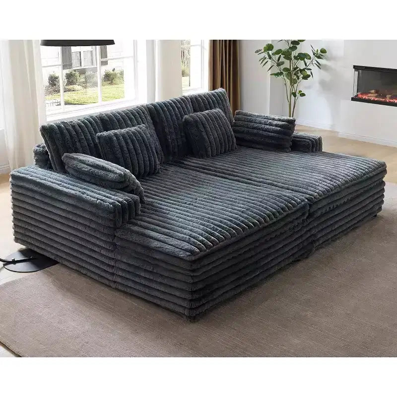 AMERLIFE 93 Double Chaise Lounge Sofa for Two, Deep Seat Cloud Couch with Lumbar Pillows & Wide Armrests, Easy Assembly, Faux Fur