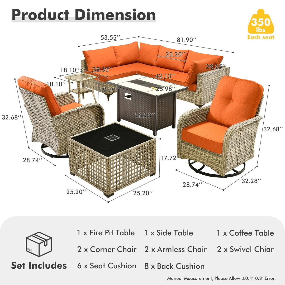 OVIOS 9 Pieces Outdoor Wicker Swivel Chair Set With Fire Table