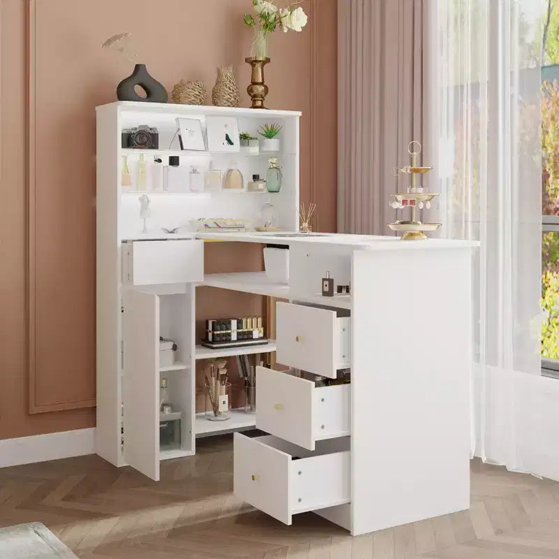 White Nail Table with Built-in Dust Extractor, Tempered Glass Display, Gold Handles Nail Salon Station Makeup Vanity Makeup Table